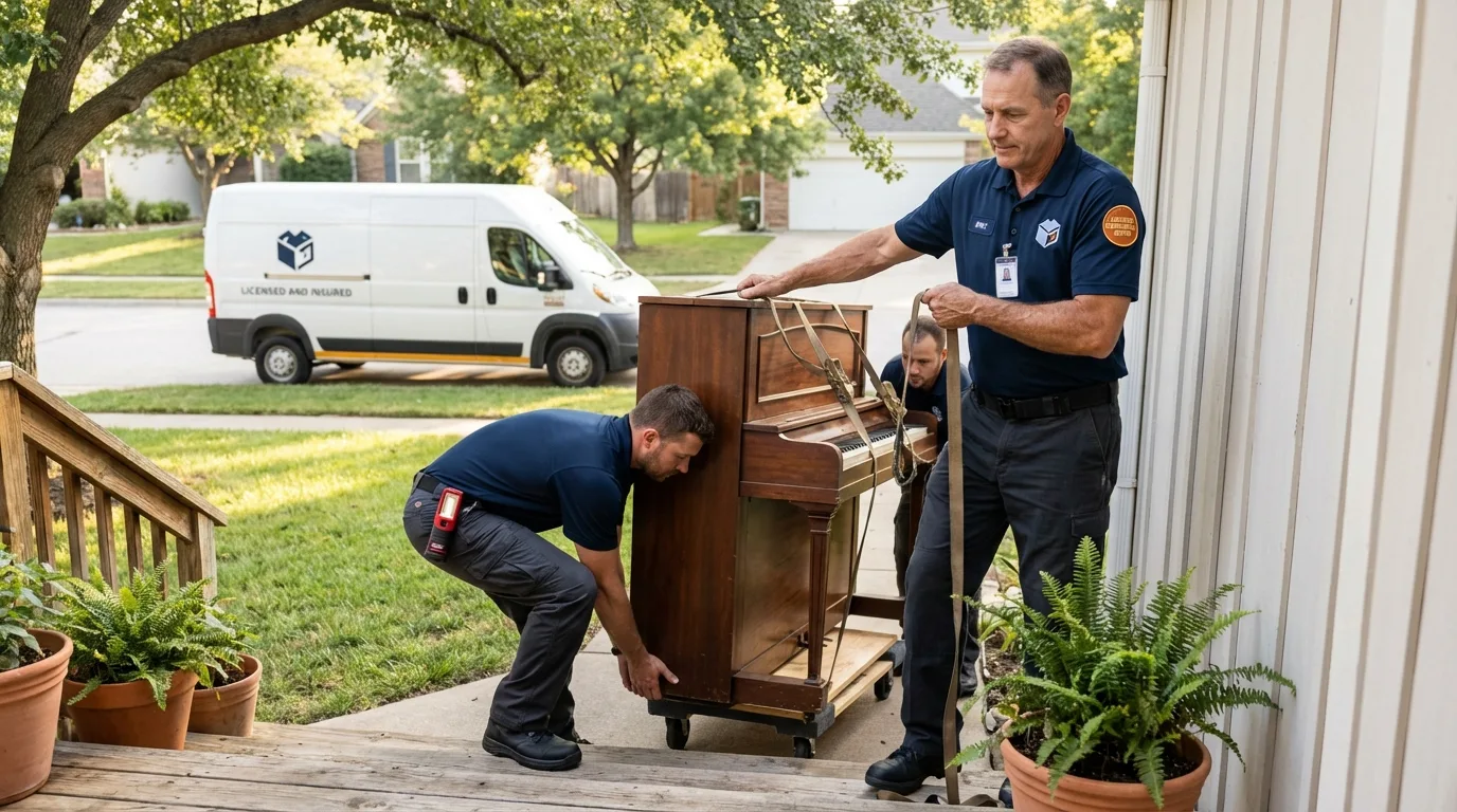 Licensed piano movers securing grand piano in Ramseur, NC