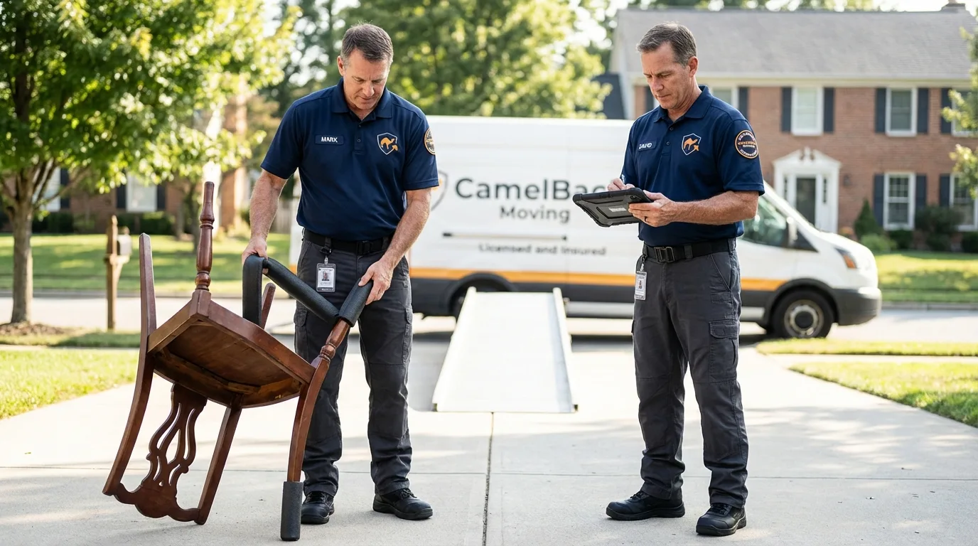 Movers inspecting furniture for damage prevention before loading in Ramseur, NC