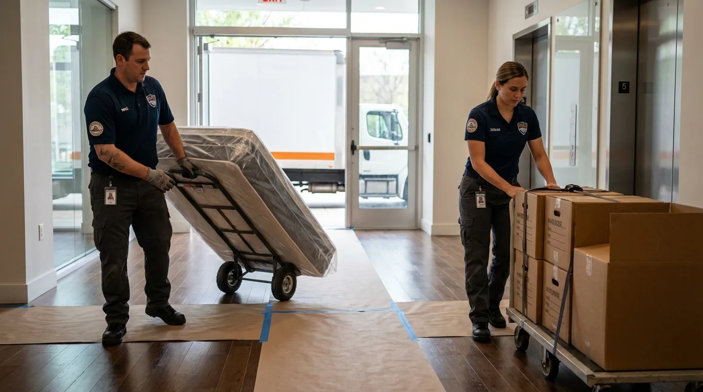 Professional apartment movers loading elevator in Ramseur, NC